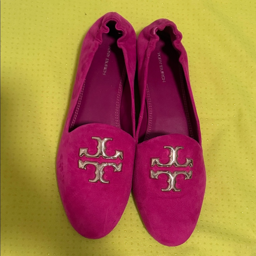Tory Burch Fuchsia Suede Loafers with Gold Logo